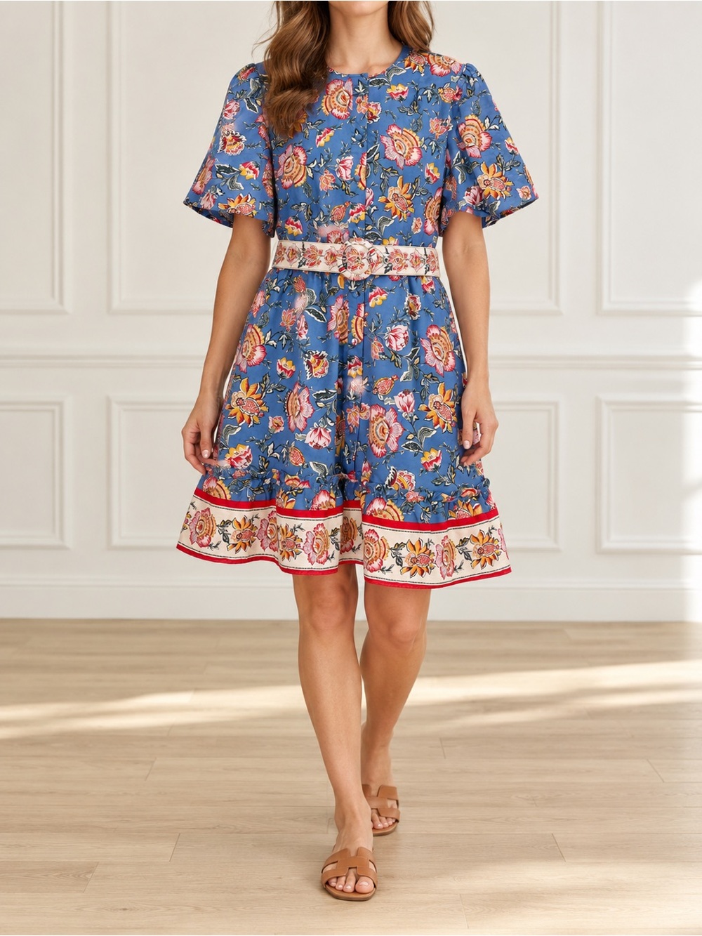 Joie Floral Print Mini Dress Size 16 Blue Belted Puff Sleeve Boho Cottagecore